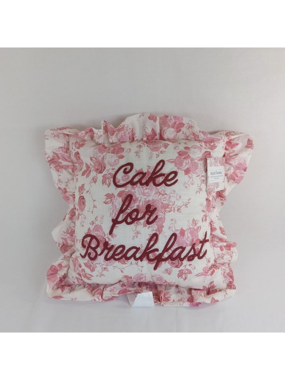 "Cake for Breakfast" Pink Ruffle Toss Pillow 16x16 Floral Embroidered Teen Home